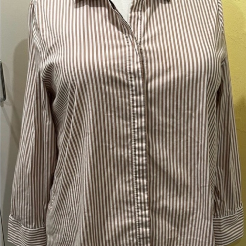 ☕️Chico's Brown & White Stripe Cotton Blend, Button Down,Long Sleeve Shirt 12/14